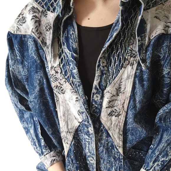 Vintage J Carreli Mixed Media Denim Acid Wash Jacket - Picture 2 of 11